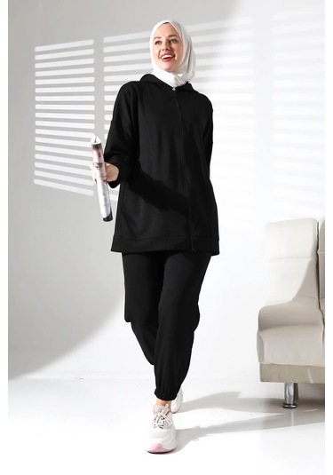 Kadın Mevsimlik Alt Üst Rahat Siyah Spor Ikili Tunik Pantolon Şık Tesettür Takım Siyah