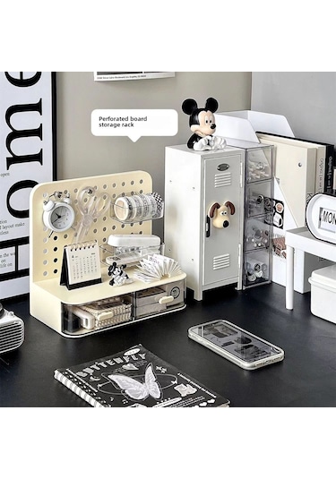 Konesam Masa Üstü Delikli Tahta Çekmeceli Saklama Kutusu - Deliksiz Kurulum, Çok Amaçlı Organize, Sağlam Malzeme Beyaz