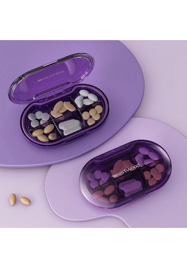 Yeiuyi Oval 6 Izgara Sınıflandırılmış Hap Kutusu Taşınabilir Ev Saklama Kutusu Mor