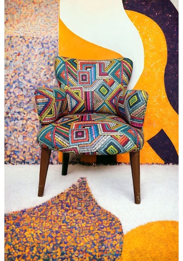 Argün Home Berjer - Tekli Koltuk - Ceviz Ayak- Oturma Grubu Kırmızı- Mavi Yeşil Desenli Kumaş