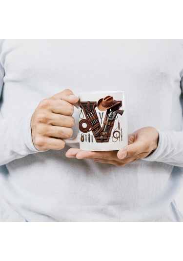 V Harfi Kovboy Temalı Bardak 330 Ml İsim / Harf Kişiye Özel Hediye - Vahşi Batı Konsept Beyaz