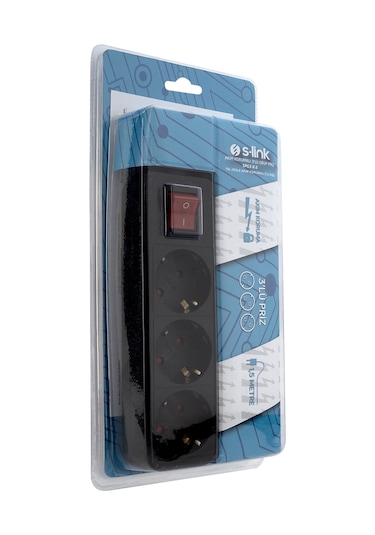 S-Link SPG3-X-3 3'lü Akım Korumalı Priz 1.5 Metre Siyah