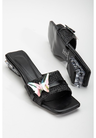 Hasır Kelebek Taş Tokalı Siyah Kadın Kısa Topuklu Terlik-3087-siyah Siyah