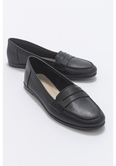 Luvishoes F02 Siyah Cilt Kadın Babet Siyah