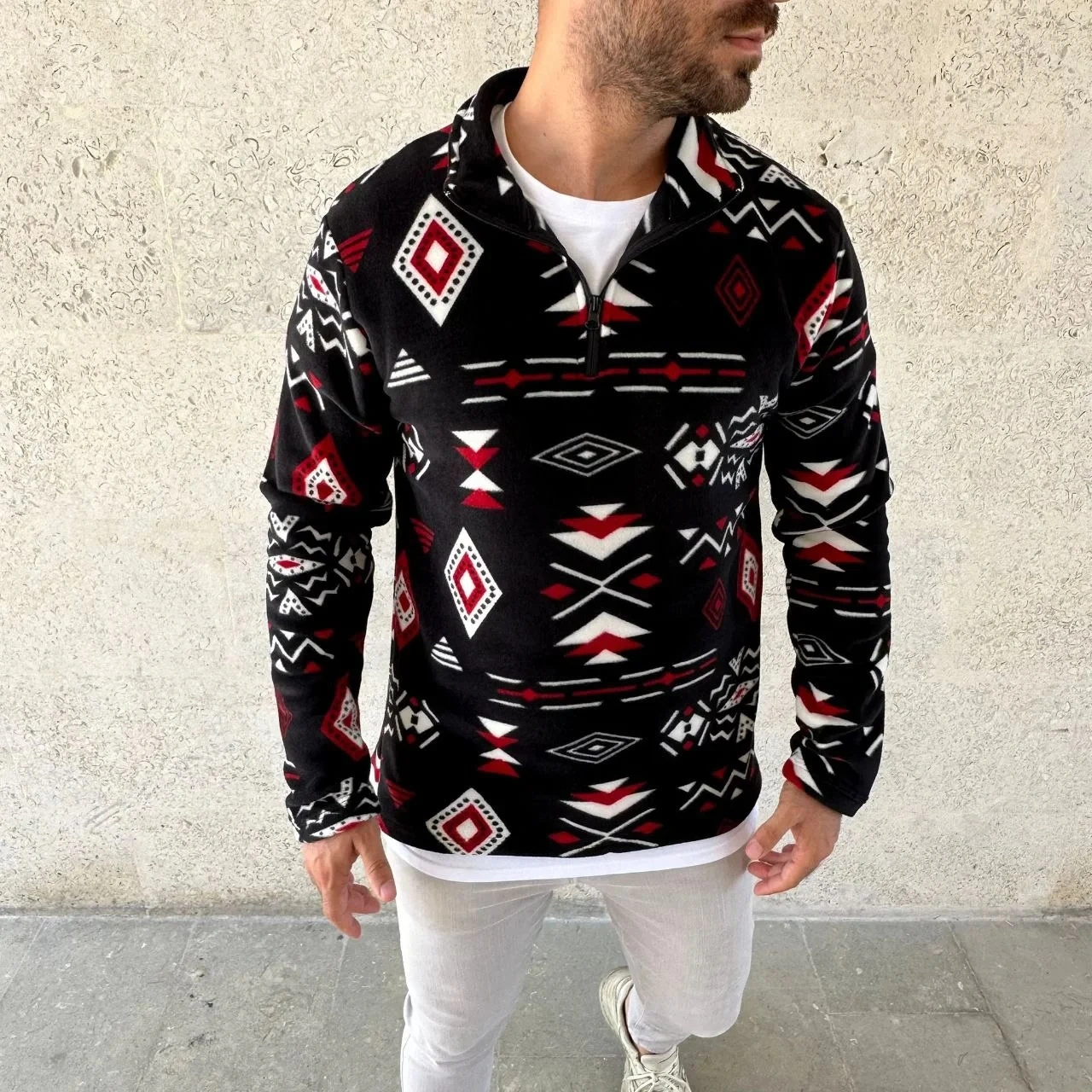 Erkek Yarım Fermuarlı Desenli Polar Sweat Tribal Etnik Desen Yakalı, Uzun Kollu, Oversize Rahat Kalı Siyah