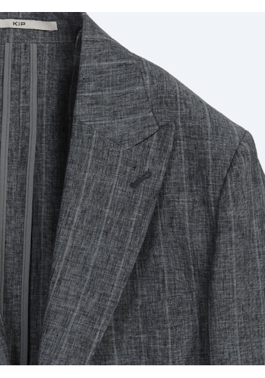 Kip Petrol Çizgili Modern Fit Keten Karışımlı Ceket