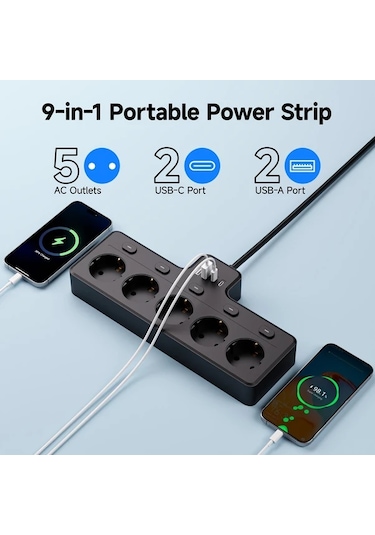 Xuweiwei Beyaz 9lu Tasinabilir Guc Cubugu 5 Ac Cikisi 2 Usb A Ve 2 Usb C Girisi Siyah Ev Ofis Seyahat