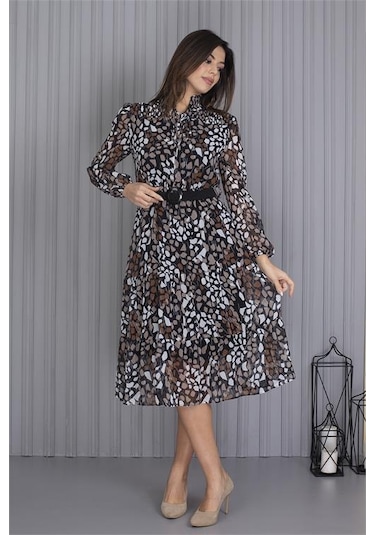 Neşeli Butik Kadın Kemerli Yeni Sezon Midi Boy Desenli Şifon Elbise Apcx04 Çok Renkli