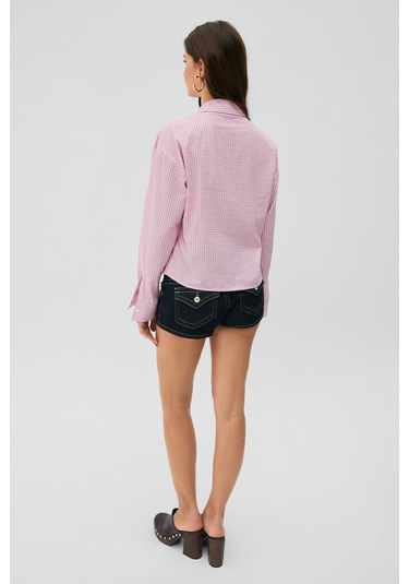 Grimelange Grımelange Medea Kadın Slim Fit %100 Organik Pamuklu Kahverengi Çizgili Slim Fit Pembe Çizgili Gömle