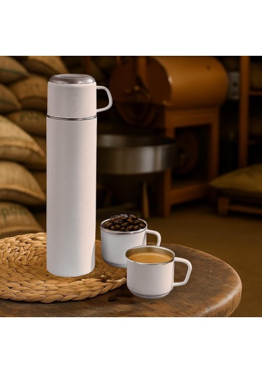 Paslanmaz Çelik 3 Bardaklı Matara Seti-500 Ml Krem