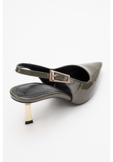 Arty Haki Rugan Sivri Burun Arkası Açık Kadın İnce Topuklu Ayakkabı Haki