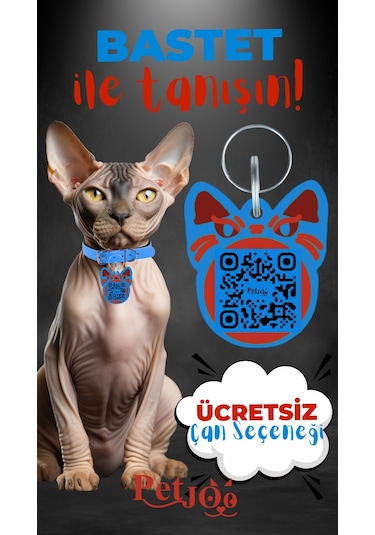 Petjoo 1.Bastet Kırmızı-Mavi Qr'lı Kedi Künyesi