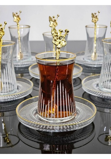 Çeyizci Çarşı Çay Seti Elysia Tabaklı 18 Parça Gold Yaldızlı Japon Gülü Çay Kaşıklı Çok Renkli