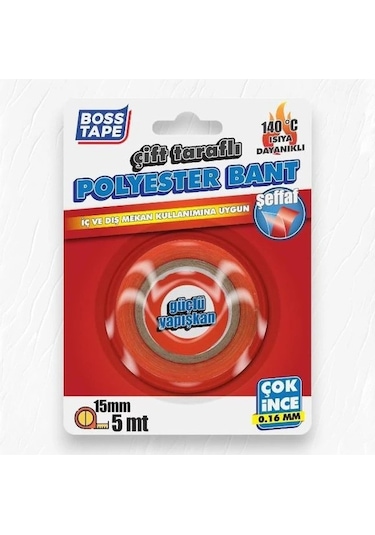 Boss Tape Polyester Çift Taraflı Isıya Dayanıklı Bant 1,6mm Şeffaf 15x5mt 140 Bt-01038