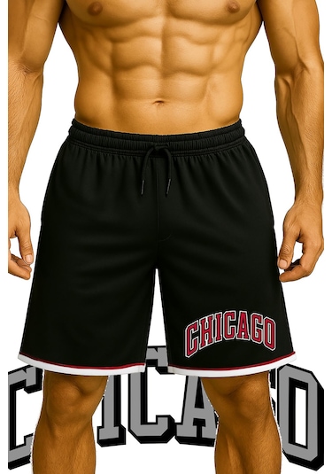 Top Glory Cepli Chicago Baskılı Basketbol Şortu Spor Şort Siyah
