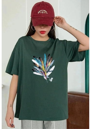 Hırsch Yeşil Kadın Oversize Tüy Baskılı T-shirt Yeşil