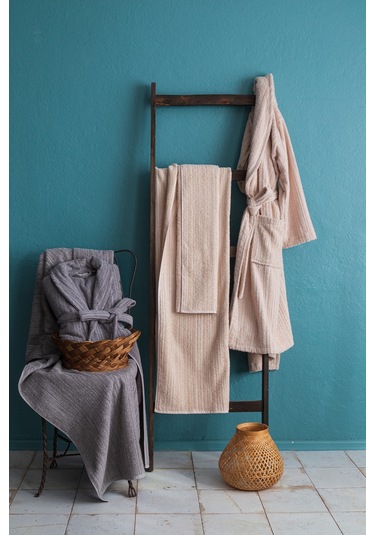 Apricitas Home Timeless Gri-bej %100 Pamuk 6 Parça Aile Bornoz Seti