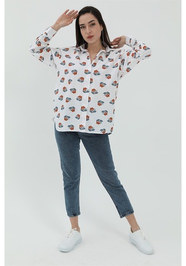 Çiçek Desen Kol Katlamalı Gömlek - Beyaz-beyaz Beyaz