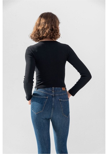 Gri Uzun Kollu Fitilli Bluz Crop Örme T-shirt Siyah