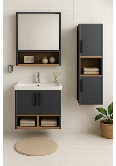 Dmz Home Concept Legna 65 Cm Antrasit Ahşap Mdf Banyo Dolabı Seti Antrasit - Meşe
