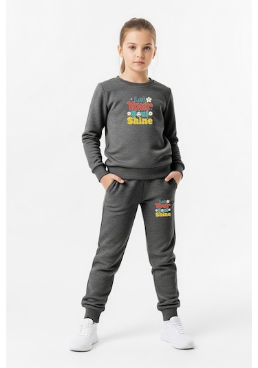 Düz Yuvarlak Yaka Your Shine Yazı Baskılı Kız Çocuk Eşofman Takımı Füme