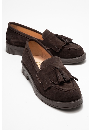Milina Kahverengi Süet Püsküllü Hakiki Deri Kadın Loafer Ayakkabı Kahve Süet