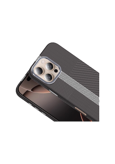 İphone Uyumlu 16 Pro Max Kılıf M-safe Şarj Özellikli Karbon Fiber Görünümlü Gros Kılıf Gri - Siyah