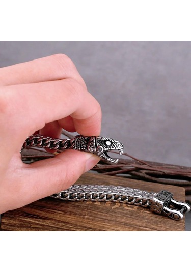 Yüksek Kaliteli İskandinav Viking Asla Solmaz Paslanmaz Çelik Baskın Yılan Kafa Bilezik Erkekler Takı Hediye Moda Punk Charm Bilezik Gümüş