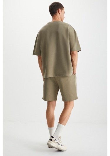 GRIMELANGE Colombıa Erkek 2'li Set Comfort Fit Rahat Kalıp Yazı Nakışlı Şardonsuz Haki Eşofman Takımı Haki