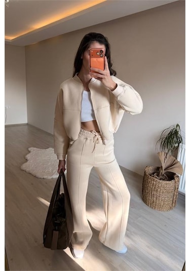 Neşeli Butik Kadın Oversize 3 İplik Cepli Eşofman Takımı Nm029 Bej