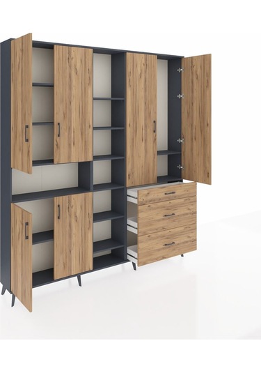 Arges Dolap 13 Raflı 3 Çekmeceli 6 Kapaklı 220x30x243 Antrasit-çam/çam Atlas Çam/atlas Çam