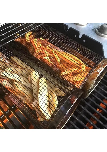 Açık Hava Izgarası İçin Tekerlekli Izgara Sepeti, Paslanmaz Çelik Tel Örgü Silindir Izgara, Barbekü Açık Hava Izgara Ağı Barbekü Ağı Silindiri 7,78 İnç 20 Cm