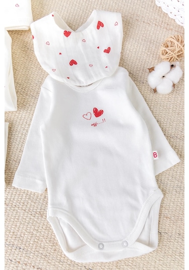 Kalp Desenli Müslin 100% Pamuk 10'lu Kız Bebek Hastane Çıkışı Bebek Takımı Set