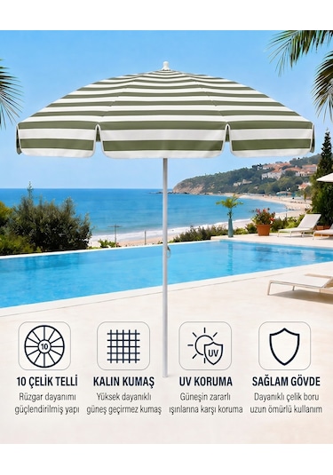 Plaj Şemsiyesi Balkon Bahçe Güneş Şemsiyesi 200cm 10 Telli Uv Korumalı Yeşil