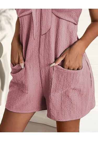 Ahes Shopping Kadın Kolsuz Askı Aksesuarlı Önü Bağlama Detay Salopet Şort Tulum Pembe