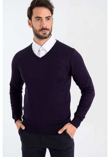 Heyss Mürdüm V Yaka Yünlü Erkek Triko Kazak Mürdüm