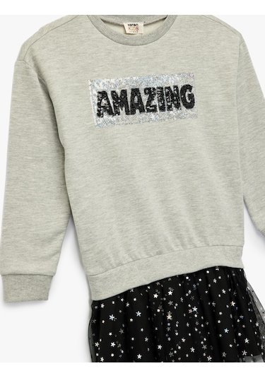 Koton Şardonlu Uzun Kollu Bisiklet Yaka Tül Detaylı Pullu Payetli Sweat Elbise Gri 6wkg80018ak Gri