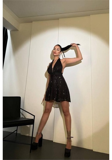 Kadın Siyah Halter Yaka Payet Elbise Dpnbdf046 Siyah