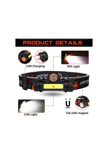 1200 Lümen Cob Led Şarjlı Kafa Lambası Şarjlı Kafa Feneri 1 Adet Siyah
