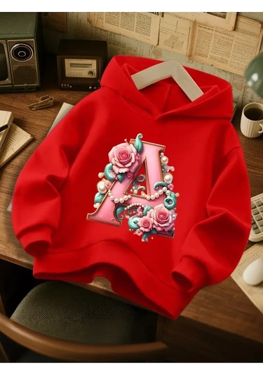 Kışlık Kapüşonlu Sweatshirt, Çocuk A Harfli Baskılı Kırmızı