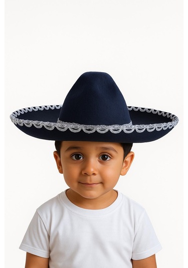 Meksika Mariachi Latin Şapkası Lüks 41cm Siyah Zemin Üstüne Gümüş Sim Kenarlıklı Parti Kostümü