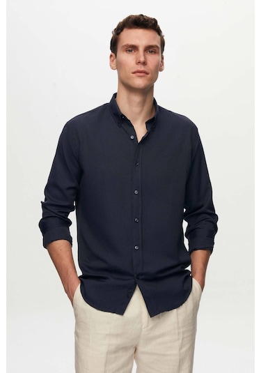Ds Damat Slim Fit Lacivert Oxford Düğmeli Yaka Kolay Ütülenebilir Nakış Detaylı Pamuklu Gömlek 4HC02ORT03265 Lacivert