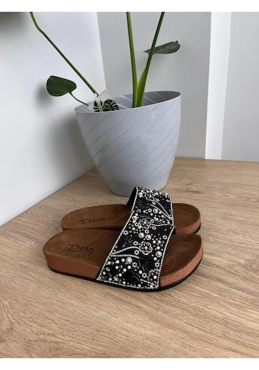 Yazlık Kadın Ortopedik Taşlı Havuz Günlük Terlik Siyah - Kahverengi