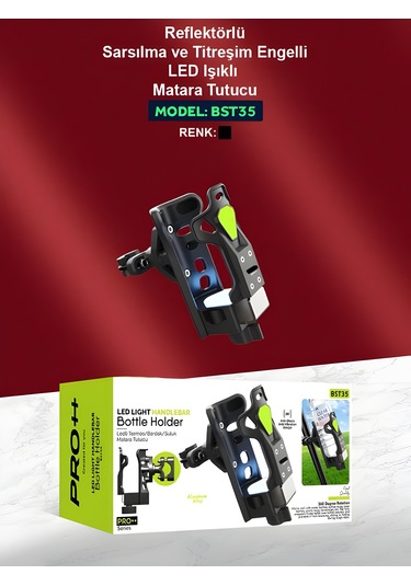 Reflektörlü Sarsıntı & Titreşim Engelli Led Işıklı Gidon Ve Koruma Demiri Bağlantılı Matara Tutucu Mavi - Siyah