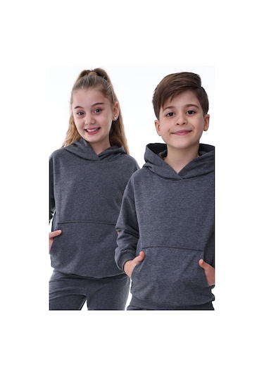 Zuzunga Basic Kapüşonlu Şardonlu Kanguru Cep Detaylı Çocuk Sweatshirt 3-10 Yaş Füme