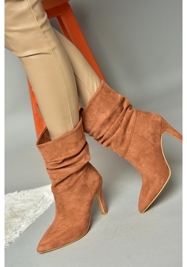 Fox Shoes R404020302 Taba Süet İnce Topuklu Büzgülü Kadın Bot Taba