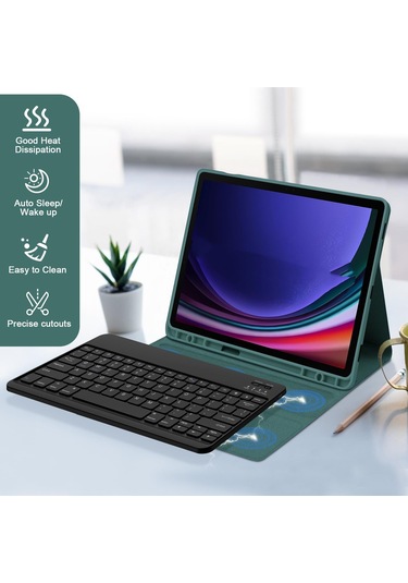 Bluetooth Klavye Kılıfı + Klavye Samsung Tab S6 Lite 10.4 İnç İle Uyumlu - Koyu Yeşil