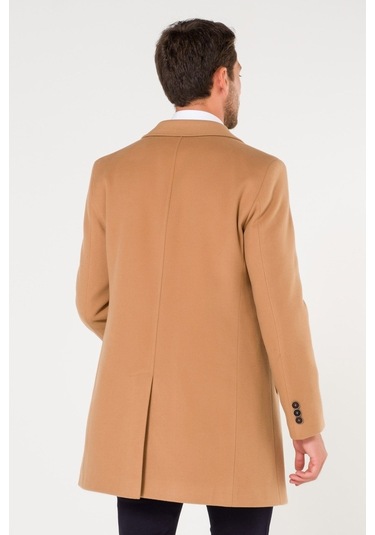 Slim Fit V Yaka Kışlık Pudra Kaşe Kaban-Pudra