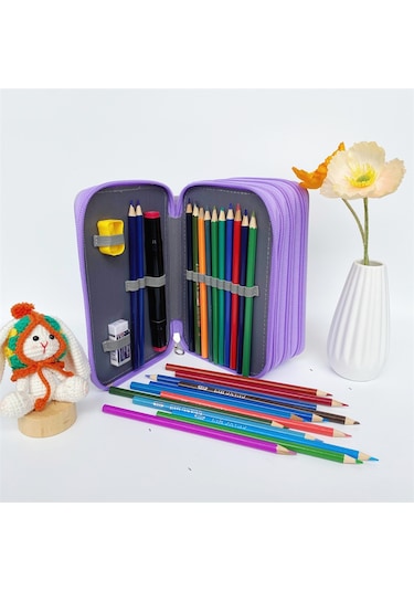 Tuomeng Öğrenci Büyük Kapasiteli Düz Renk Sanat Resim Kalem Kutusu Pu Kalem Çanta 72 Delik Mor