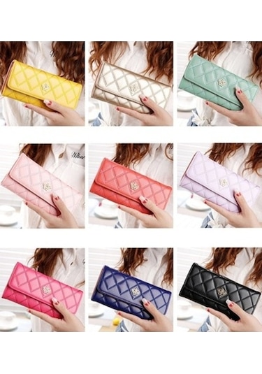 Trendooze Linjinxu Kadınlar İçin Pembe Pu Deri 3-katlanır Argyles Metal Taç Cüzdan Bozuk Para Kesesi Uzun Tasarım Diğer